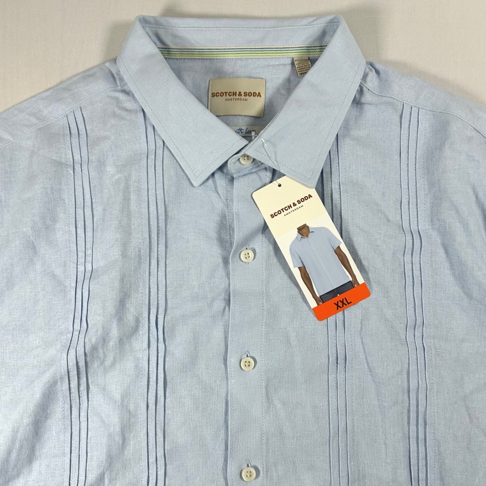 Scotch & Soda Shirt Men XXL Light Blue Linen Blend Guayabera Pleated Coastal NWT